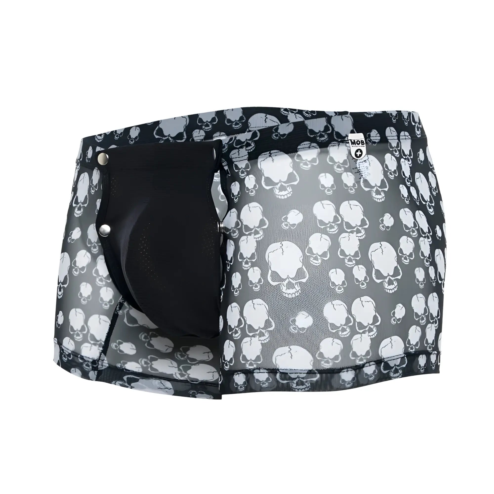 Black and white skull-patterned mesh briefs with a black inner pouch mob men’s boxer tull pouch print
