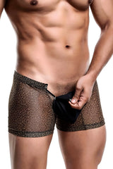 Brown leopard-print mesh boxer briefs with black pouch by MOB men’s boxer tull pouch print for comfortable support
