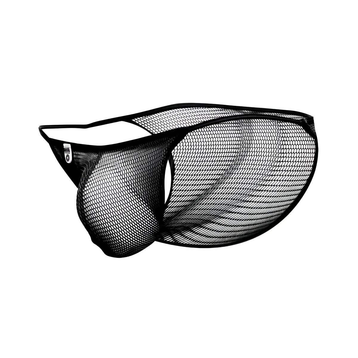 Black mesh briefs with sleek form-fitting design and reinforced elastic waistband from MOB men’s fishnet bikini collection