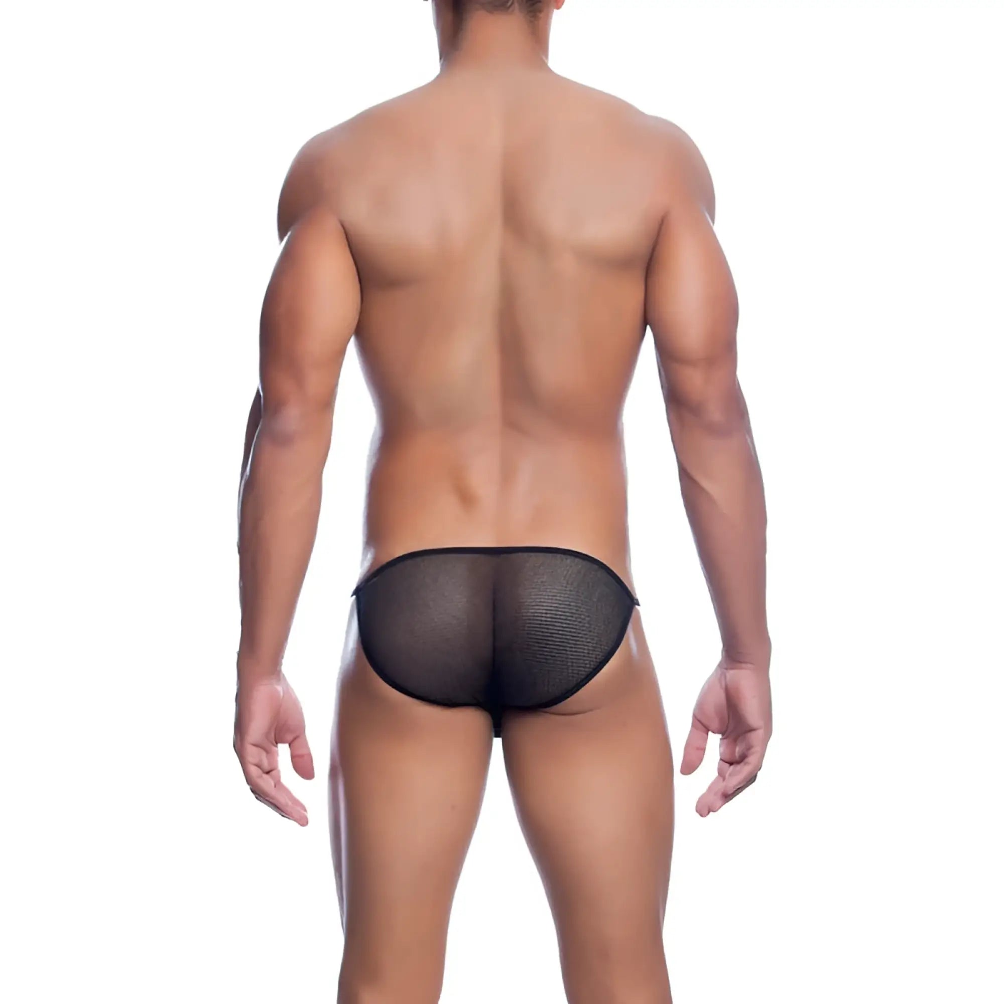 Black mesh MOB men’s fishnet bikini briefs with a snug, form-fitting design for comfortable wear