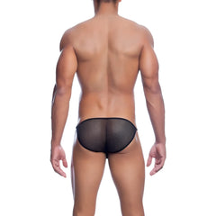 Black mesh MOB men’s fishnet bikini briefs with a snug, form-fitting design for comfortable wear