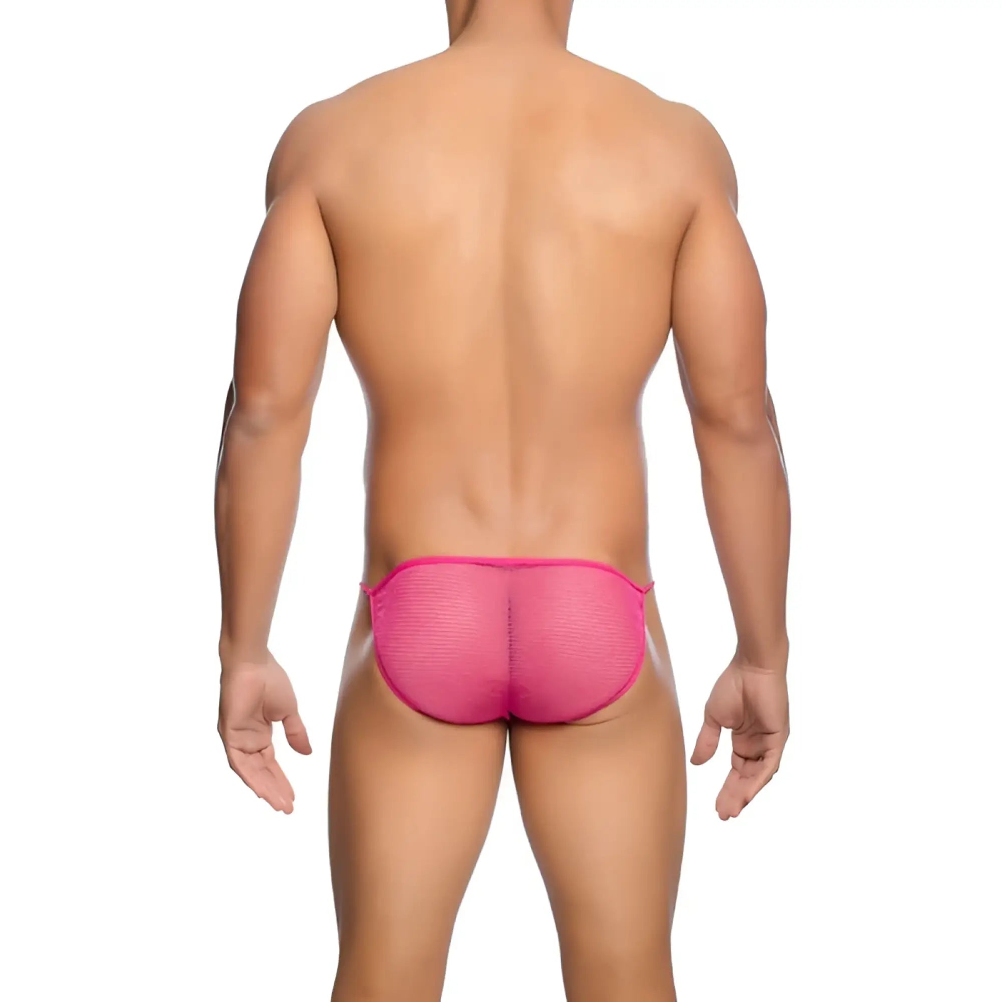 Mob men’s fishnet bikini bright pink mesh briefs featuring a breathable fishnet design and bold color