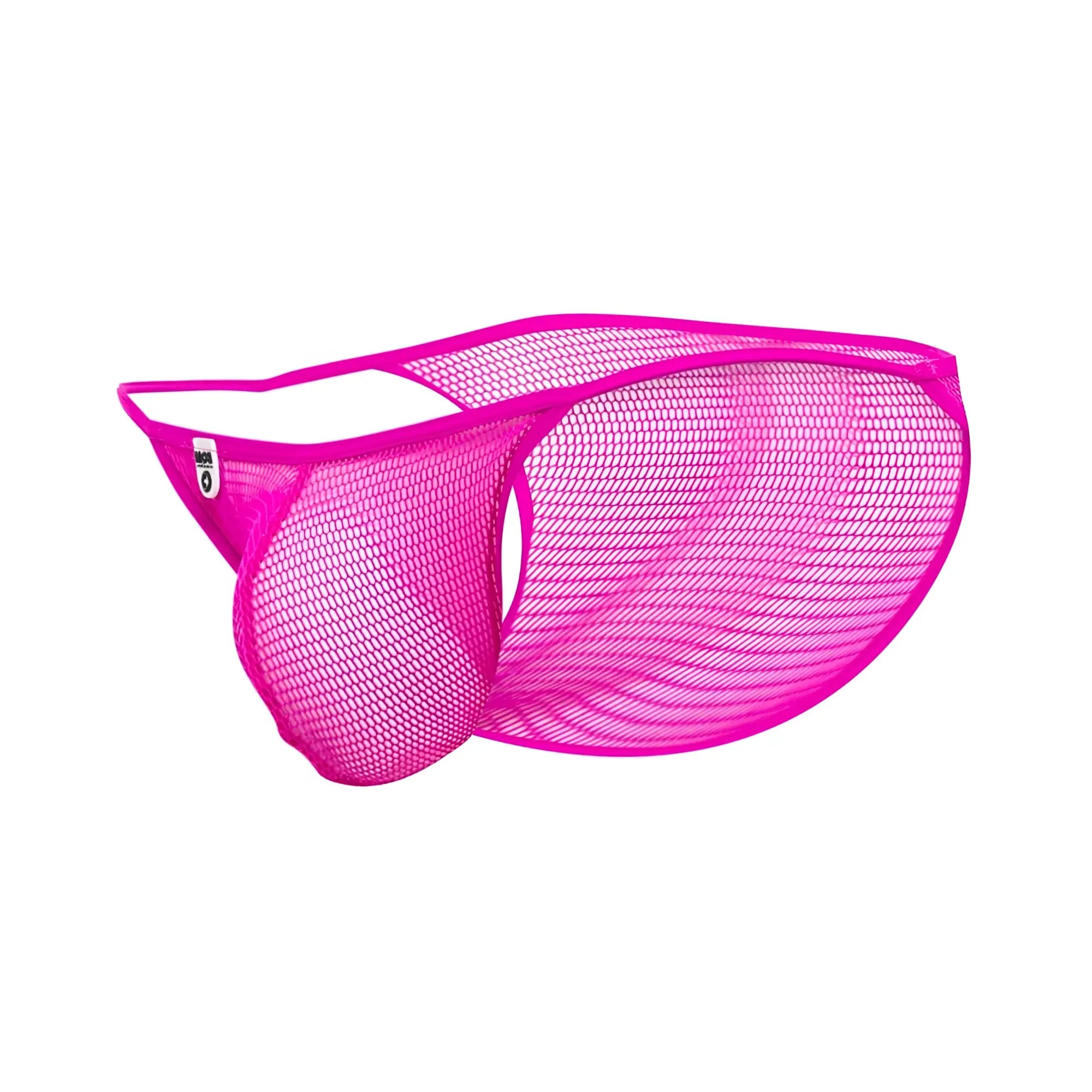 Bright pink mesh mob men’s fishnet bikini briefs with a sleek form-fitting design