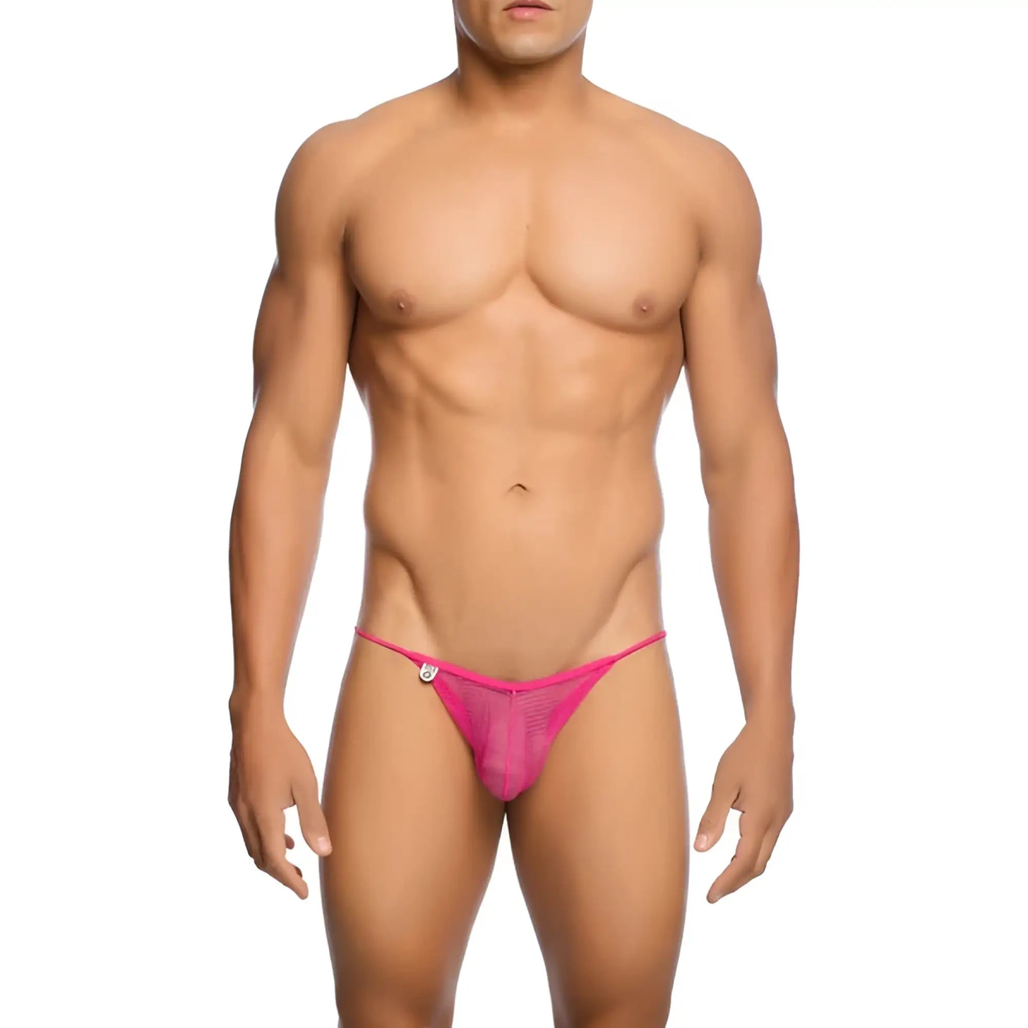 Back view of mob men’s fishnet bikini bright pink mesh thong with small silver clasp and fishnet material