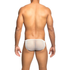 White mesh briefs men’s fishnet bikini showcasing a breathable see-through fabric design