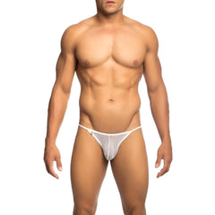 White mesh thong with subtle pattern and thin elastic waistband from mob men’s fishnet bikini collection