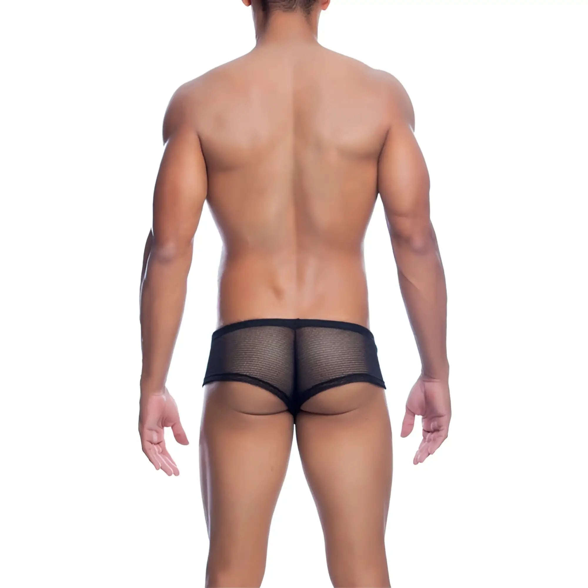 Mob men’s fishnet boxer short in black mesh with a snug, form-fitting design shown from the back side