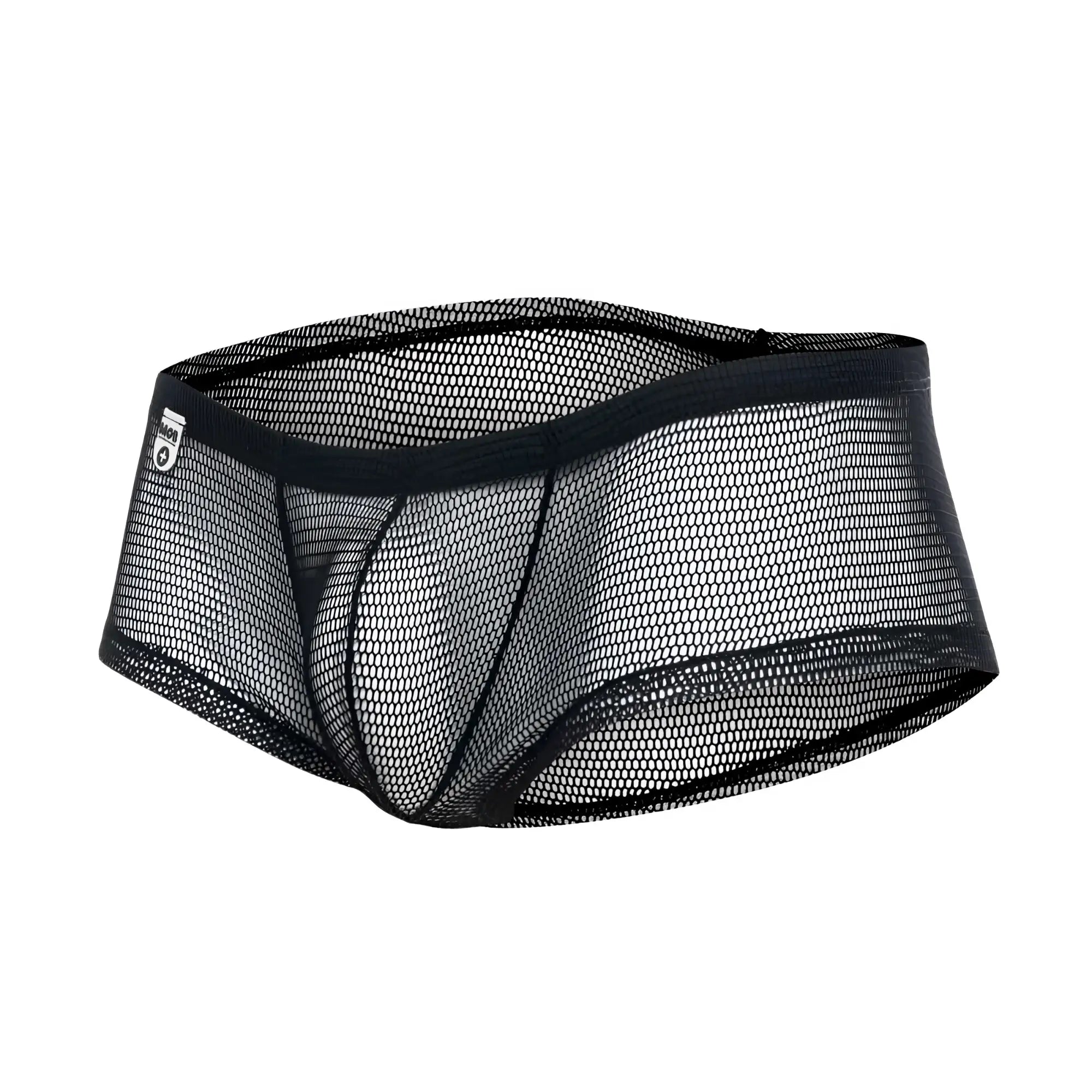 Black mesh mob men’s fishnet boxer short briefs with solid black elastic waistband and reinforced seams