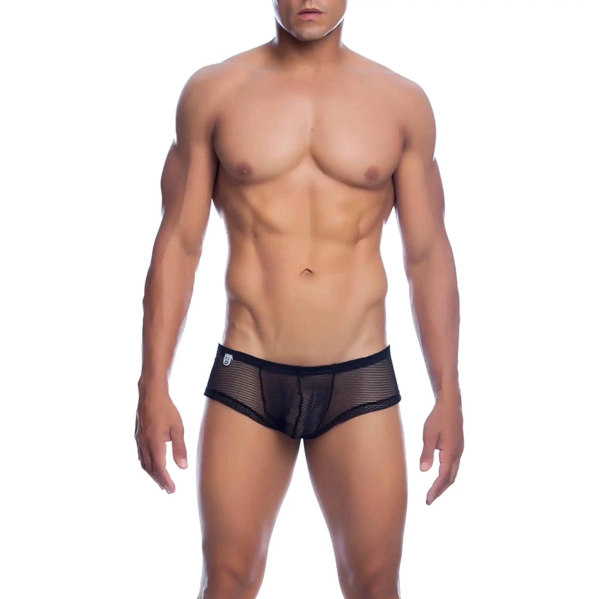Mob men’s fishnet boxer short black mesh briefs with solid black waistband front view