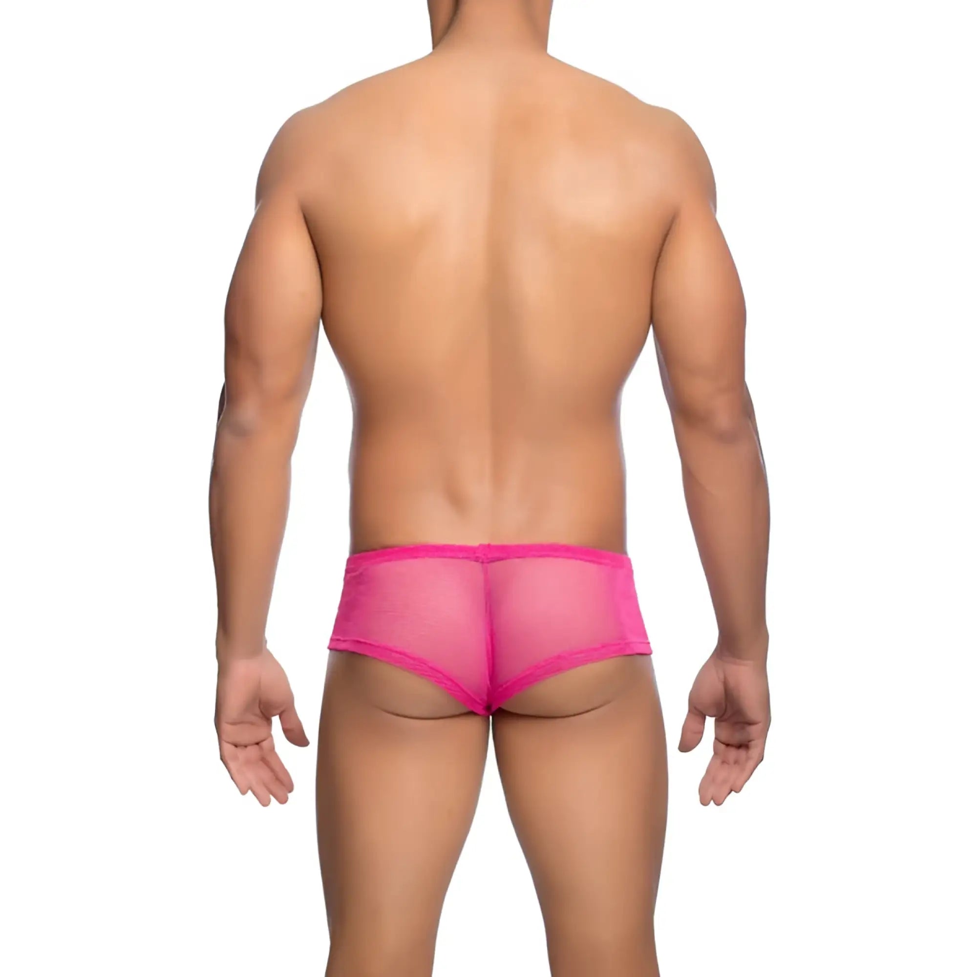 Mob men’s fishnet boxer short bright pink mesh briefs with a snug form-fitting design front view