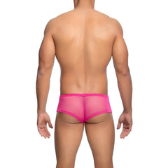 Mob men’s fishnet boxer short bright pink mesh briefs with a snug form-fitting design front view