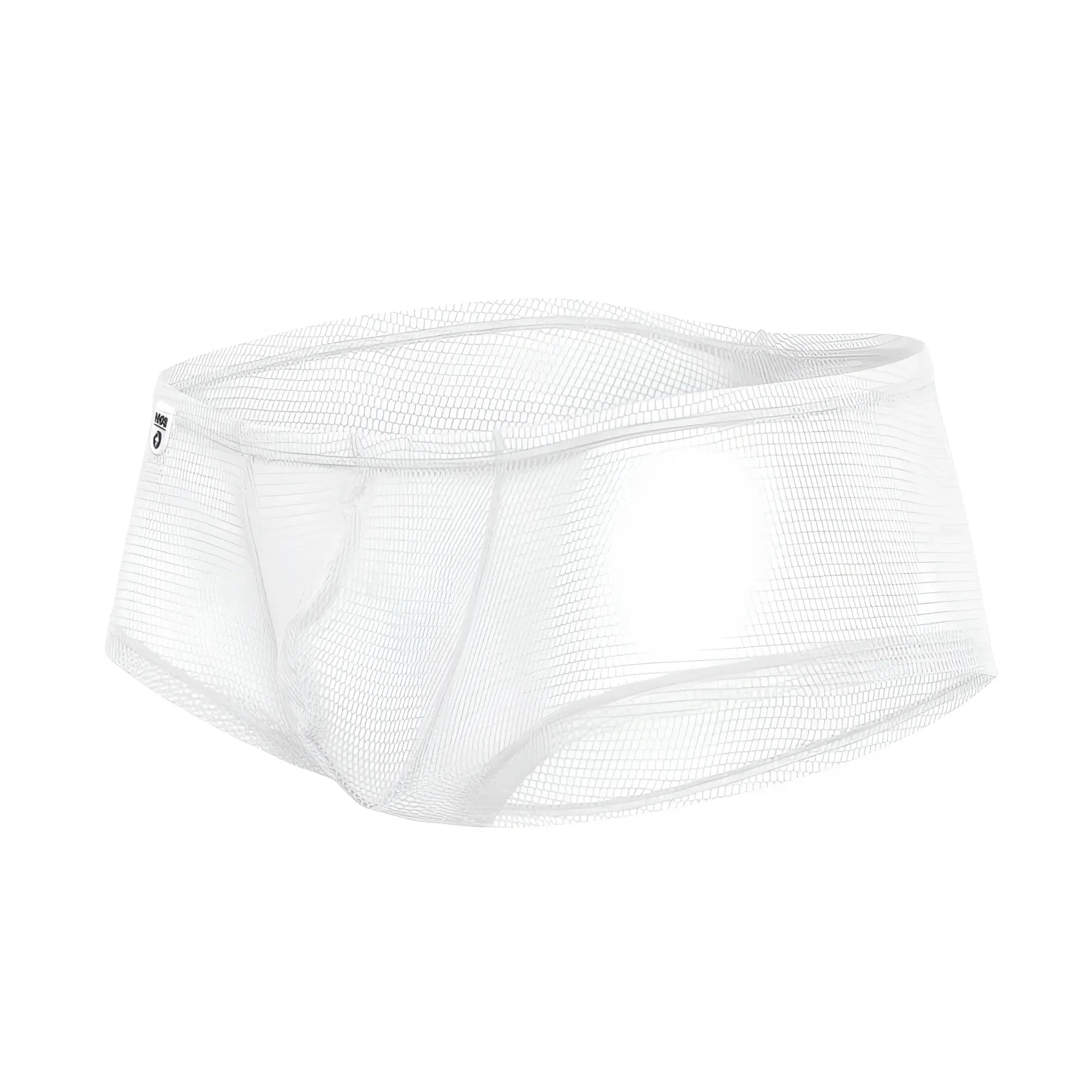 Mob men’s fishnet boxer short in white mesh briefs with a snug, form-fitting design shown from the back side