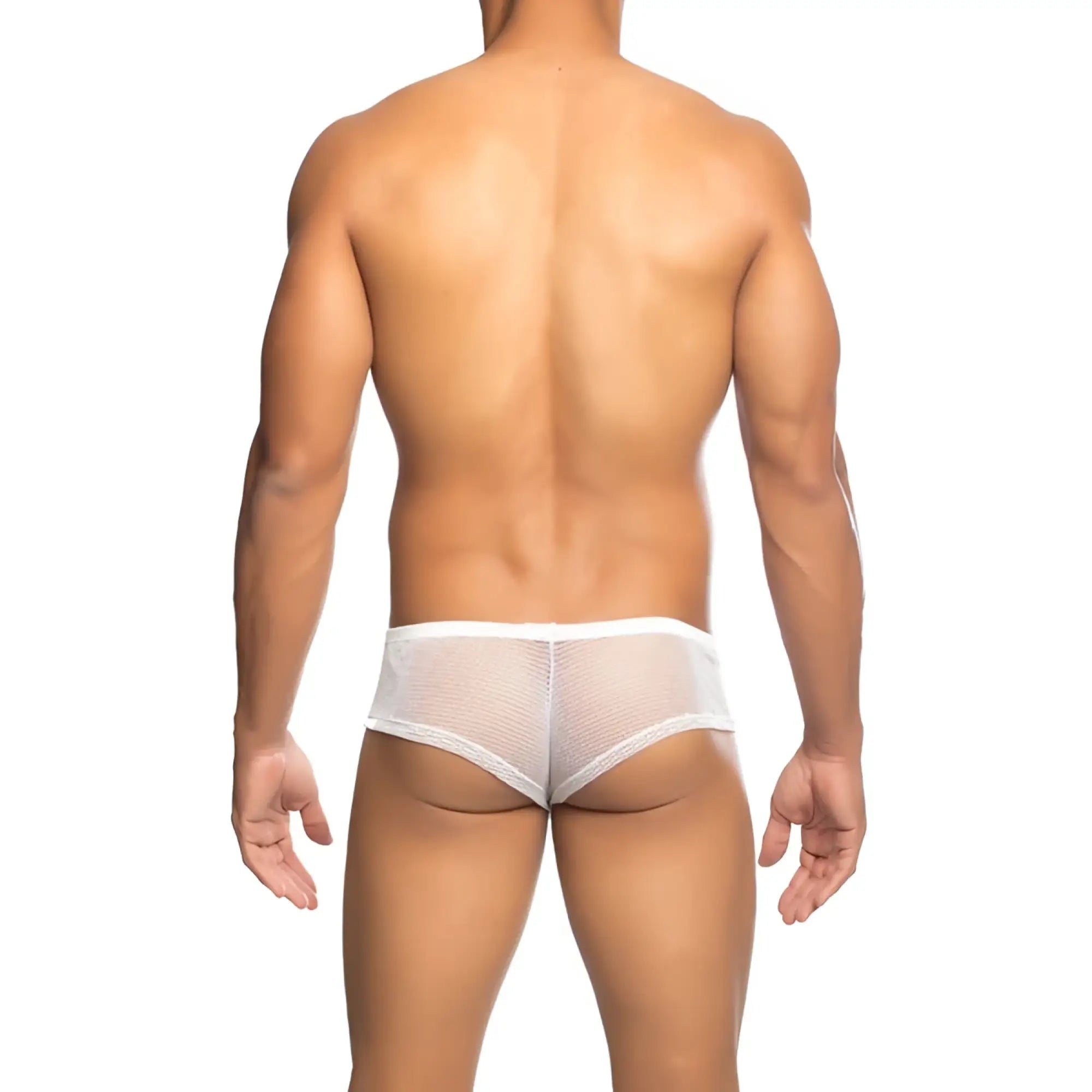 White mesh briefs from MOB men’s fishnet boxer short with snug form-fitting design and breathable material