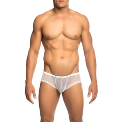 Mob men’s fishnet boxer short in white mesh briefs with subtle pattern and small logo on waistband front view