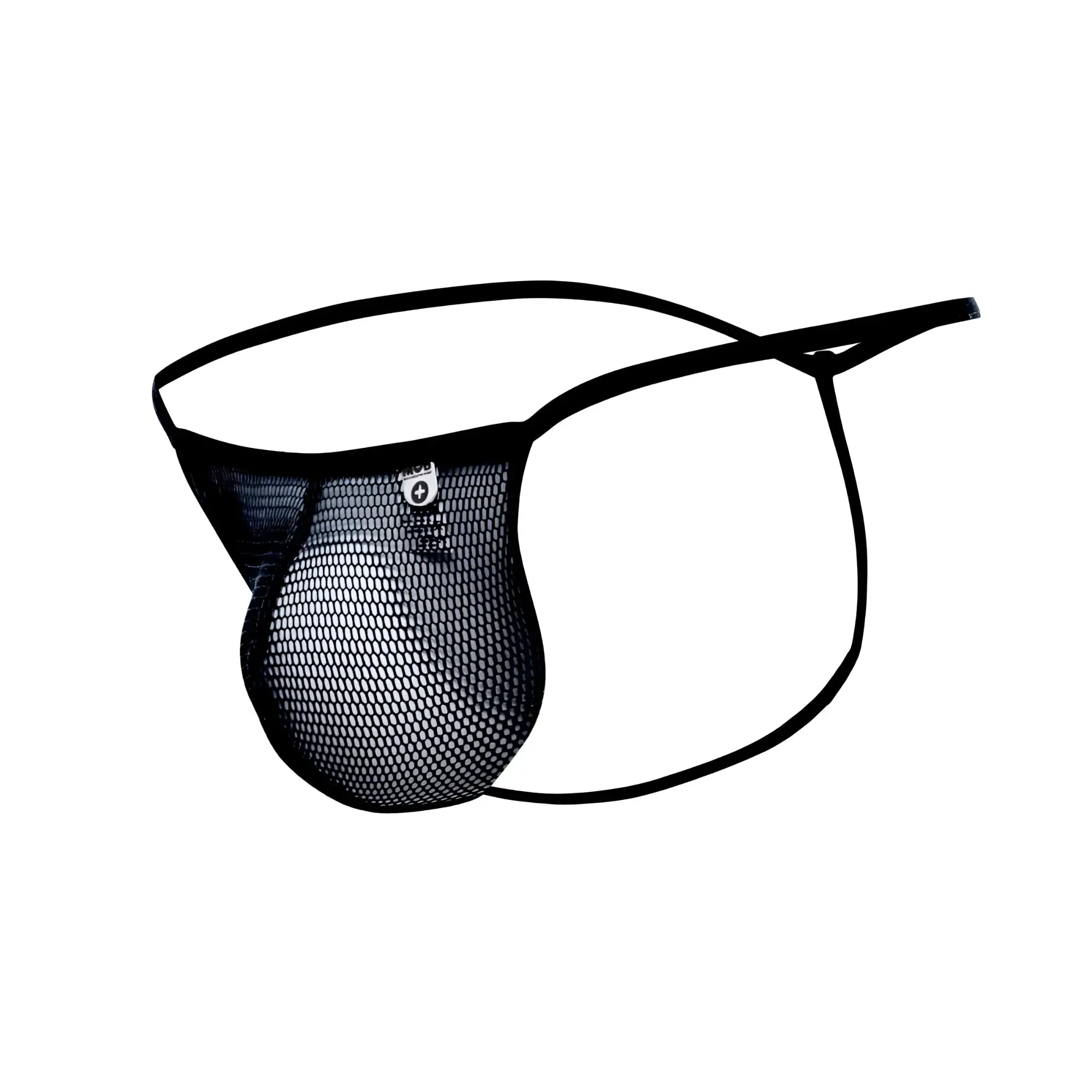 MOB men’s fishnet thong in black mesh with thin elastic straps and a small front logo for stylish comfort