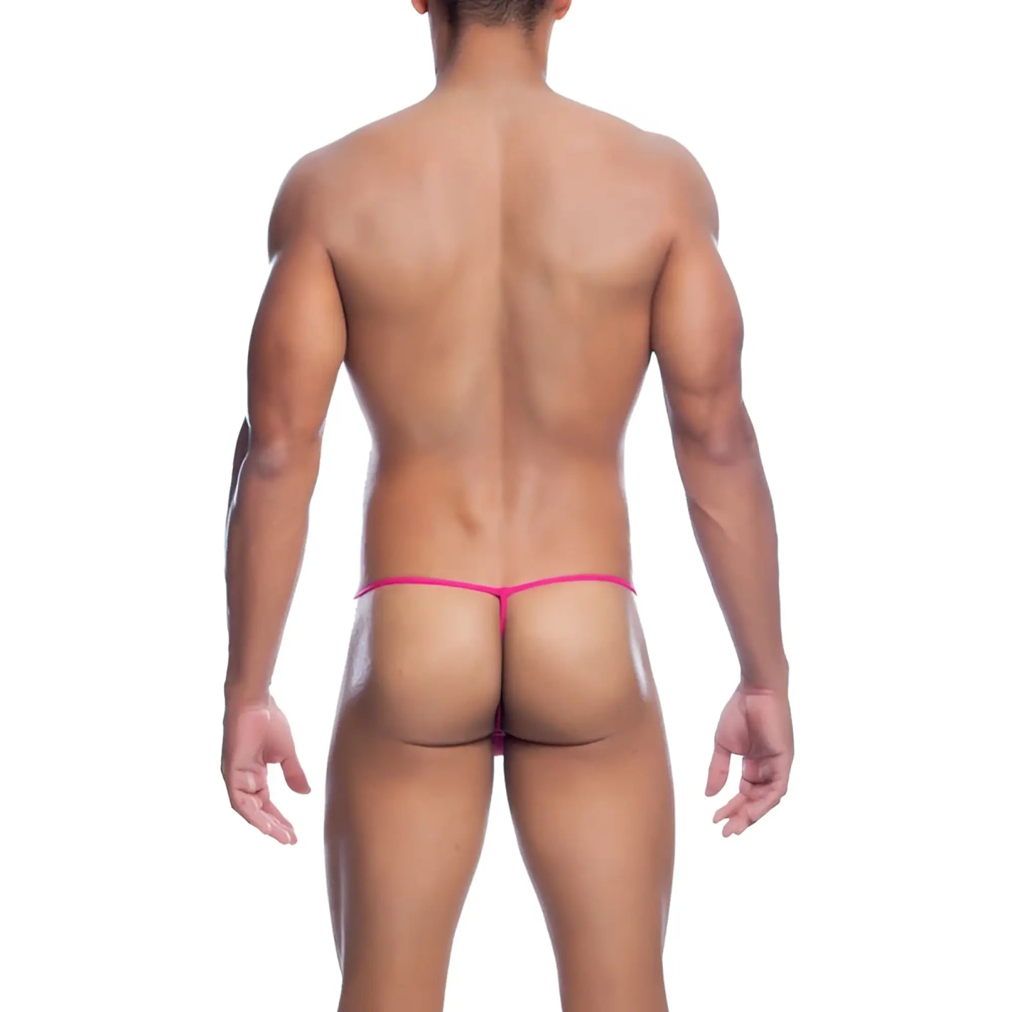 Mob men’s fishnet thong in bright pink made of stretchy fabric designed for a snug fit shown from the back