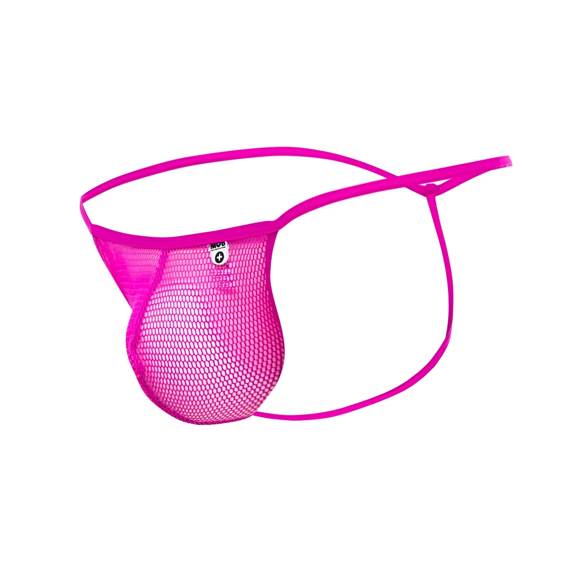 Bright pink mesh thong with thin elastic straps designed as a mob men’s fishnet thong front view