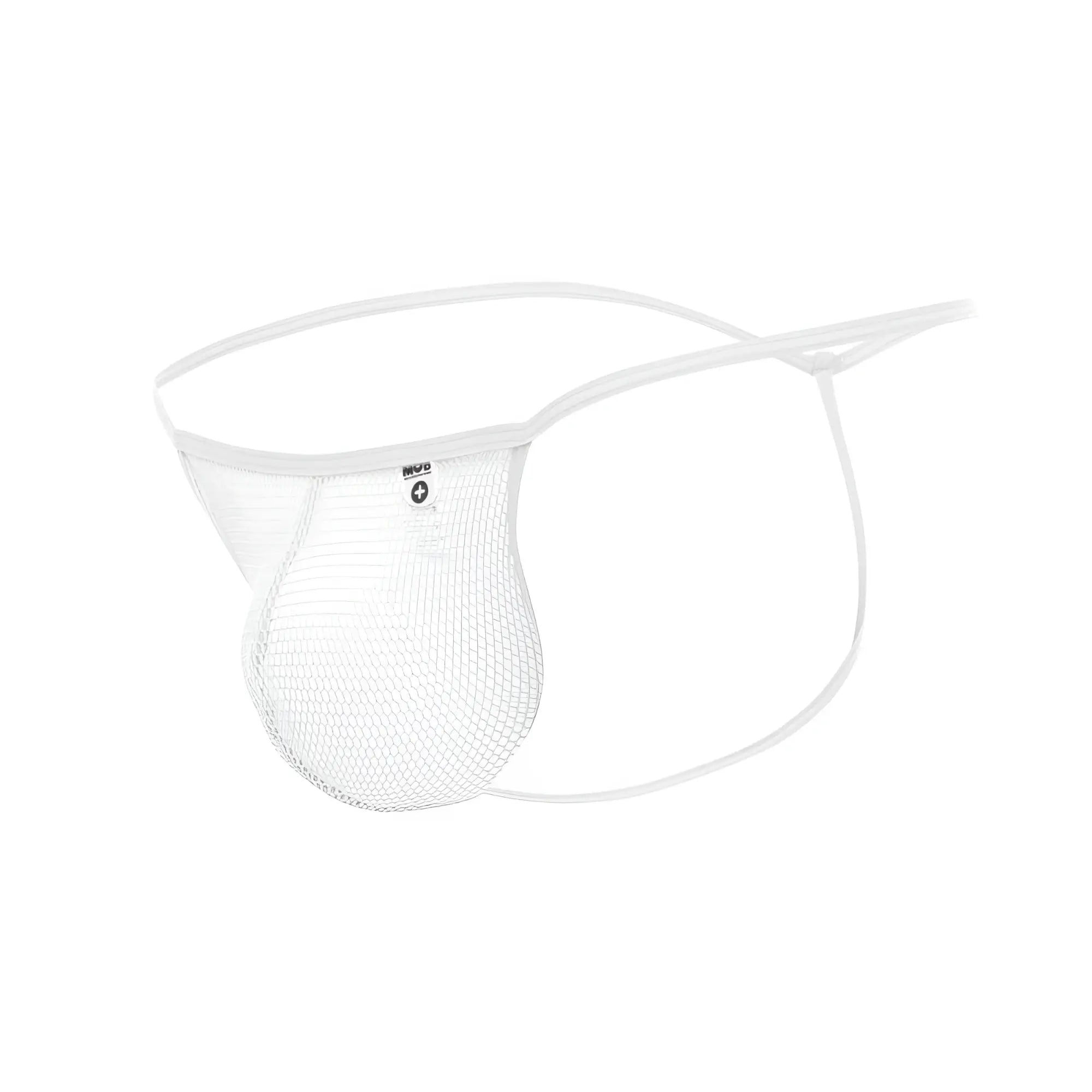 Mob men’s fishnet thong in white mesh with thin elastic straps and a small brand tag visible
