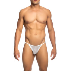 White mesh thong with subtle pattern and small logo on waistband from mob men’s fishnet thong collection