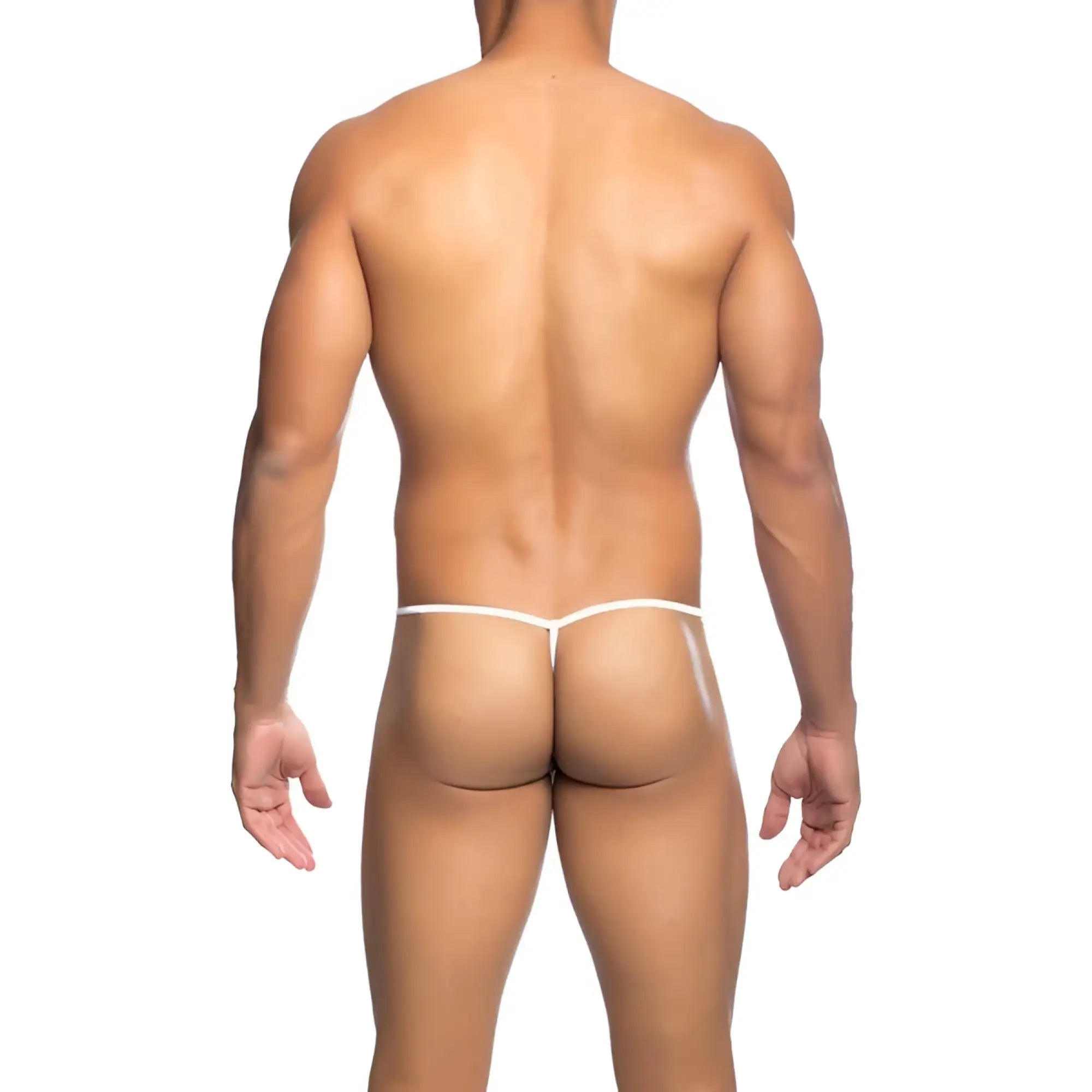 White thong underwear with thin seamless design from mob mens fishnet thong collection shown from the back side