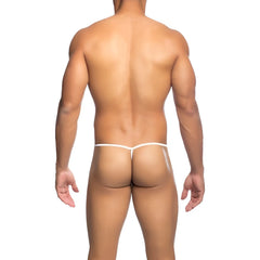 White thong underwear with thin seamless design from mob mens fishnet thong collection shown from the back side
