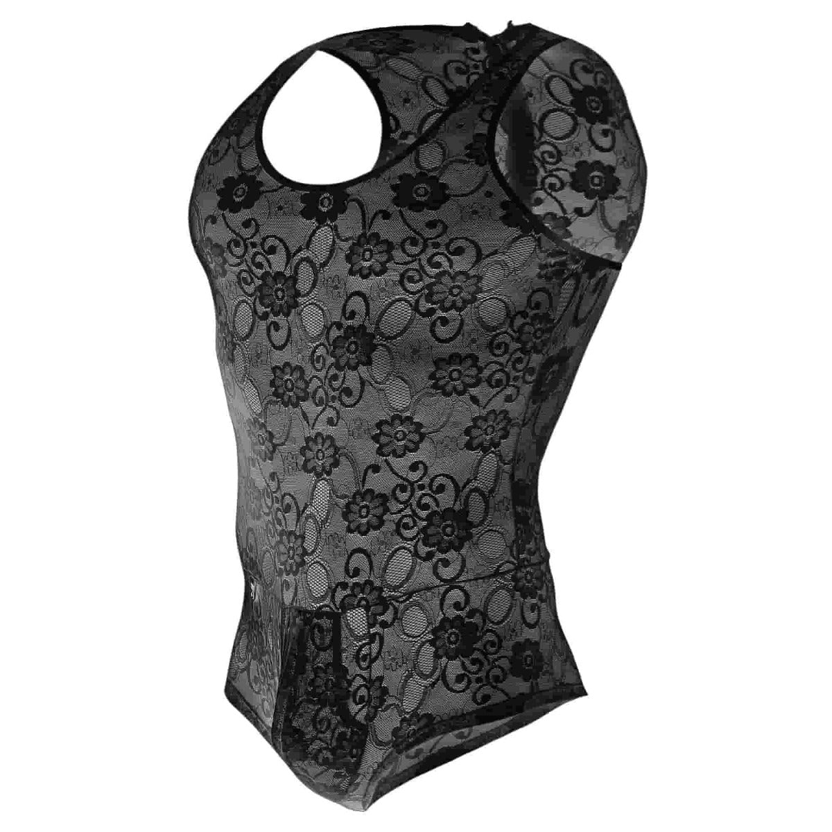 Mob men’s lace bodysuit featuring a black floral lace halter top with sheer mesh overlay final sale