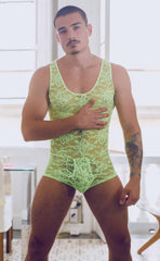 Lime green lace bodysuit with intricate floral patterns designed for men by mob final sale