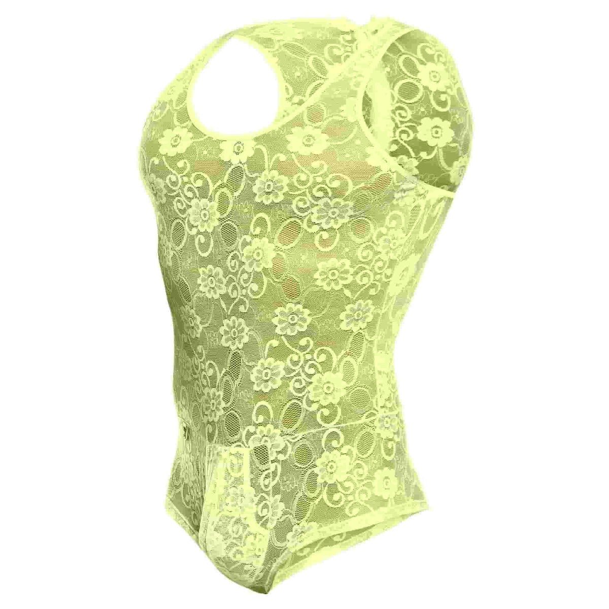 A neon yellow lace bodysuit with floral pattern and cut-out shoulders from MOB mens lace bodysuit final sale