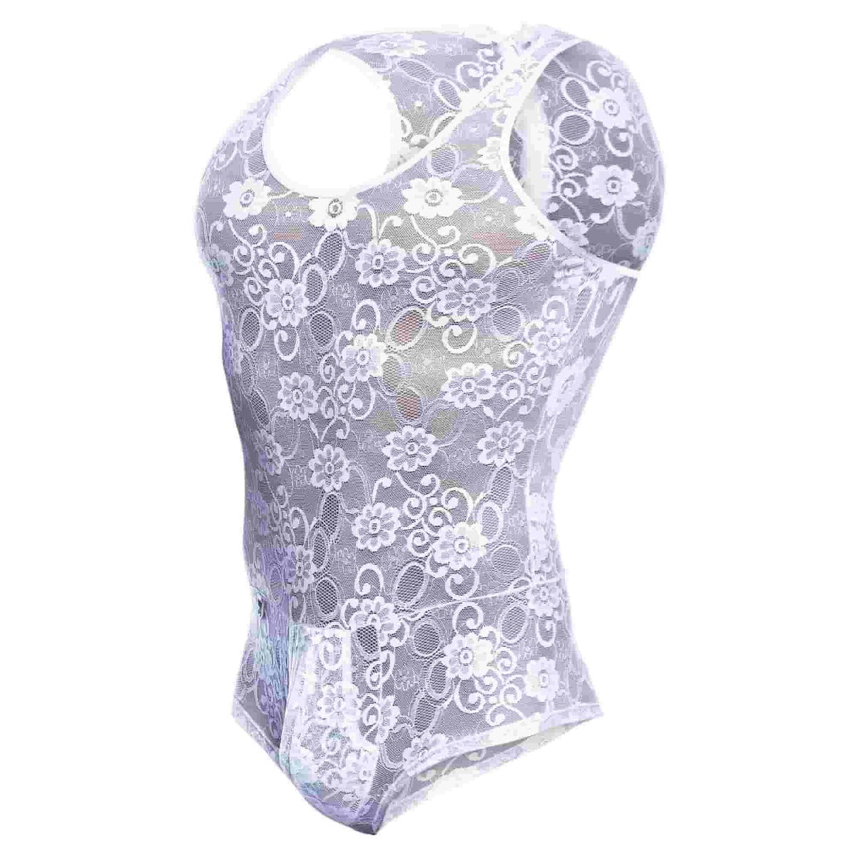 Mob men’s lace bodysuit sheer lavender with floral pattern and racerback design shown from the back side