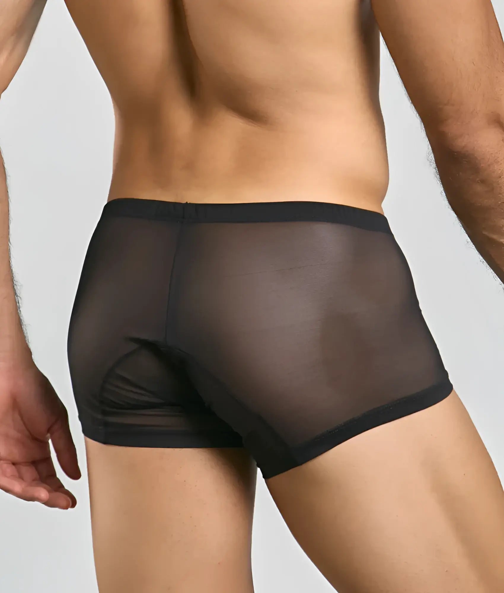 Black sheer mesh briefs with solid black waistband and leg openings featured in mob men’s lace boxer