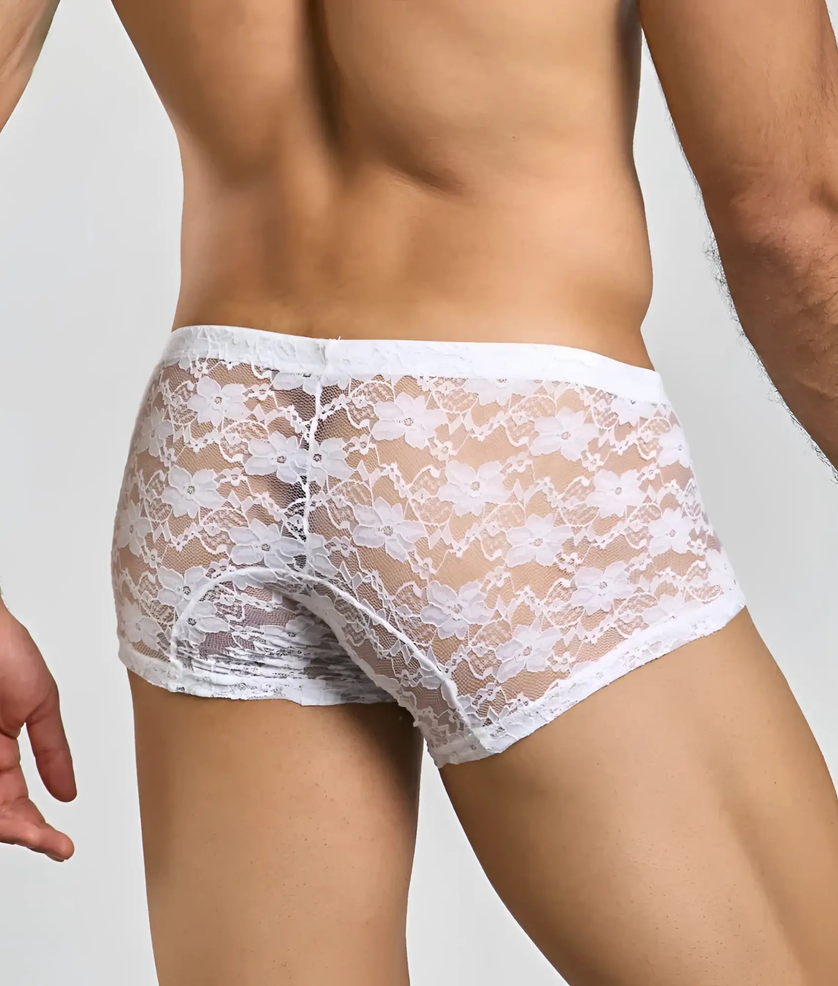Mob men’s lace boxer white floral lace underwear with sheer delicate design and subtle embellishments front view