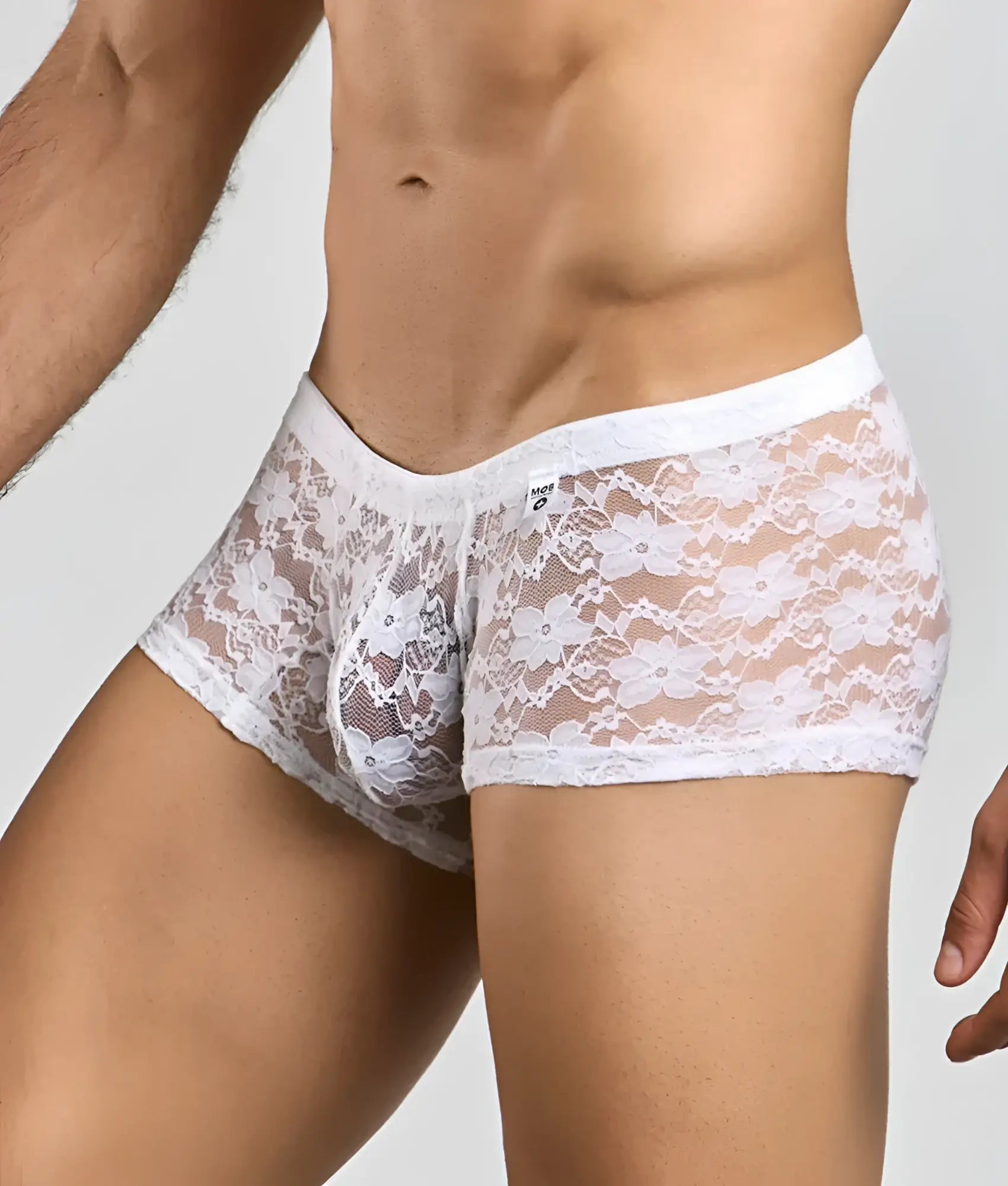 Mob men’s lace boxer white lace men’s underwear with floral pattern and elastic waistband front view