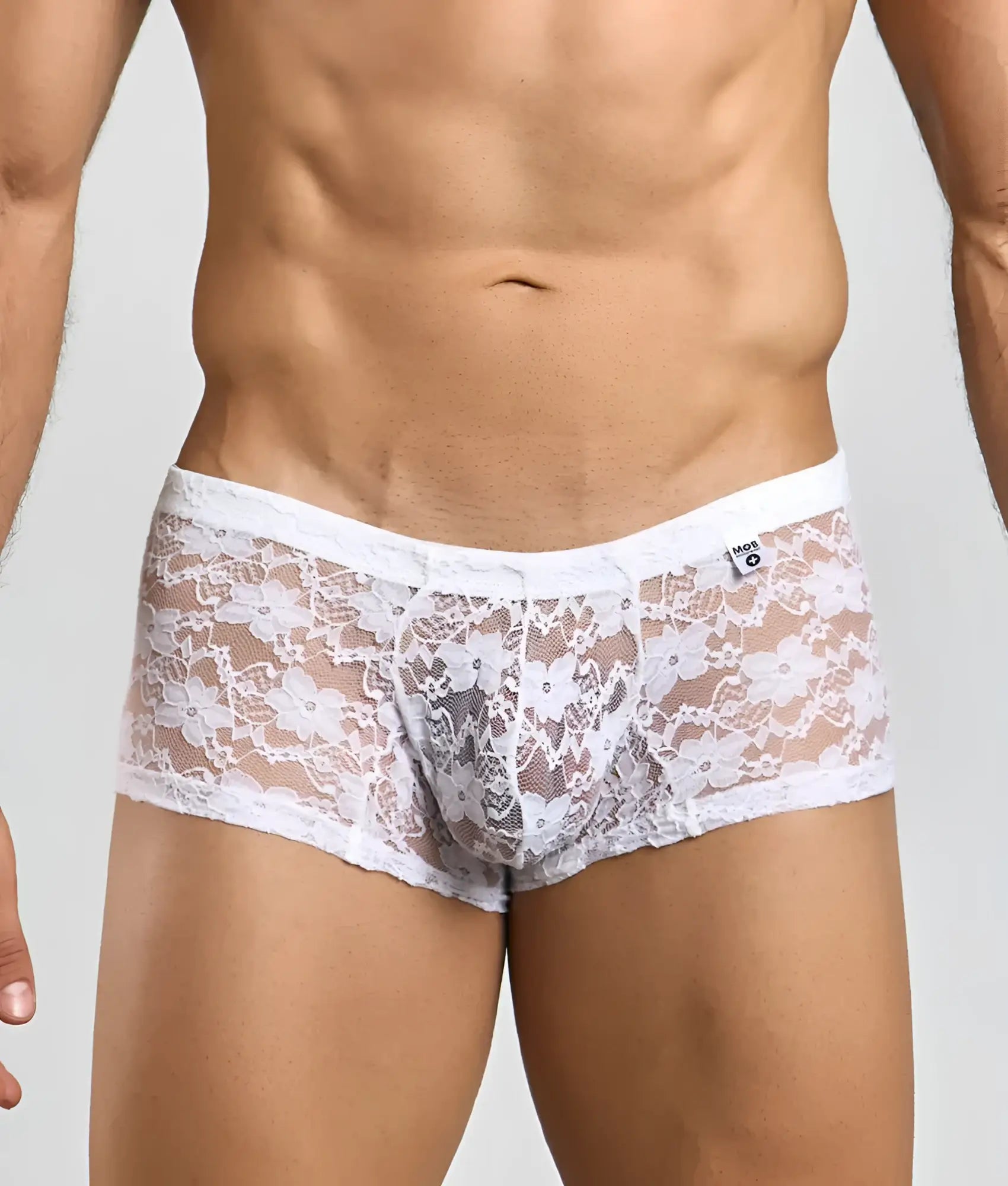 Mob men’s lace boxer white lace underwear with floral pattern and sheer mesh detailing
