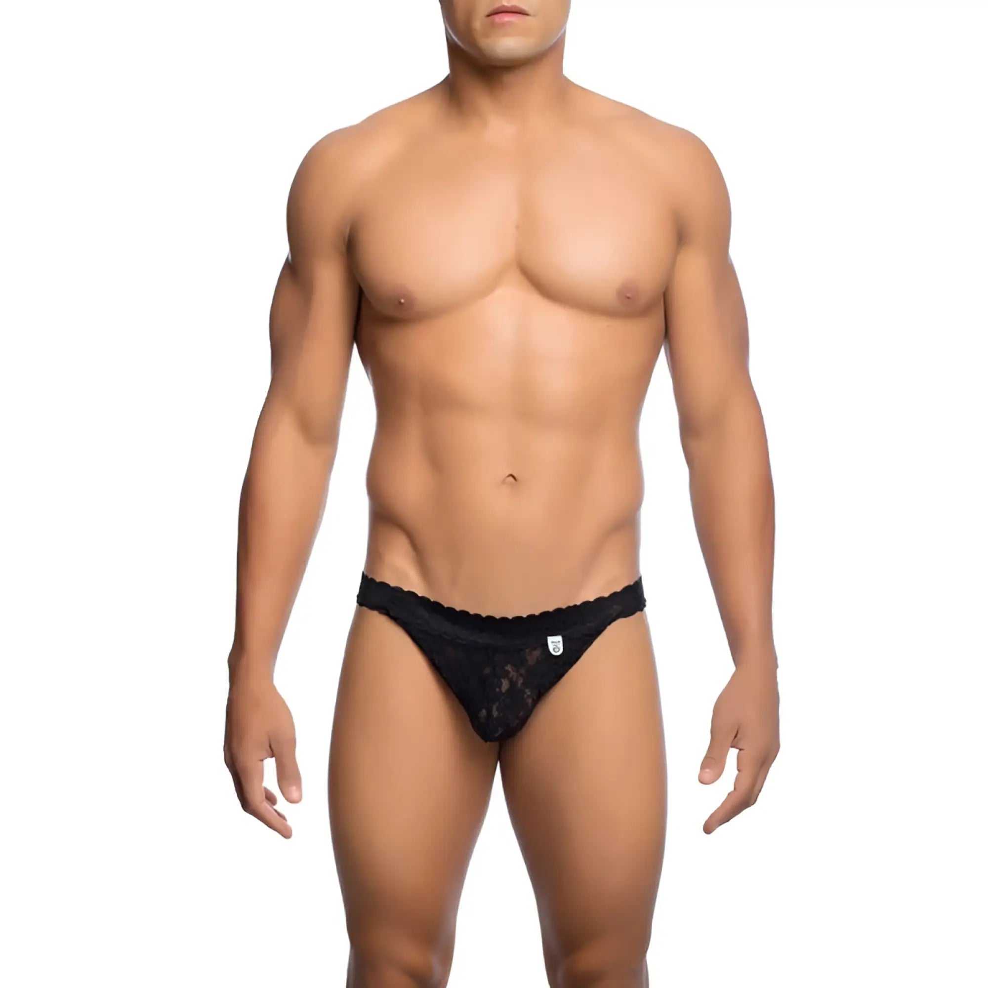 Black lace mob men’s lace jockstrap briefs with scalloped edge and subtle branding on the waistband
