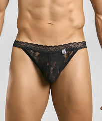 Black lace thong with intricate floral patterns and scalloped edge from mob mens lace jockstrap collection