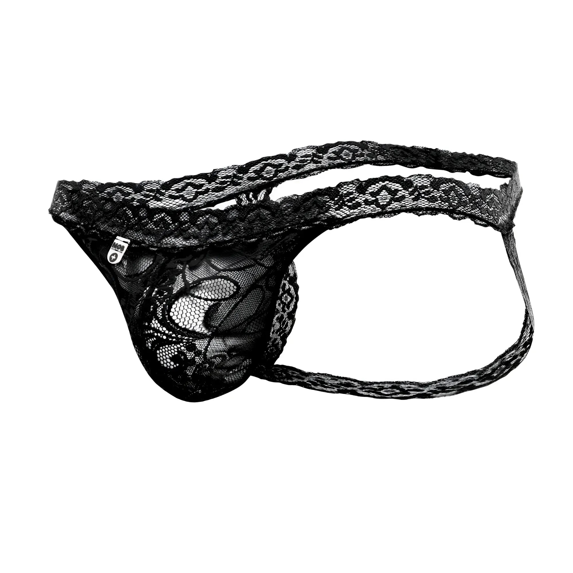 Black lace thong back with intricate floral patterns and sheer mesh design from mob men’s lace jockstrap collection