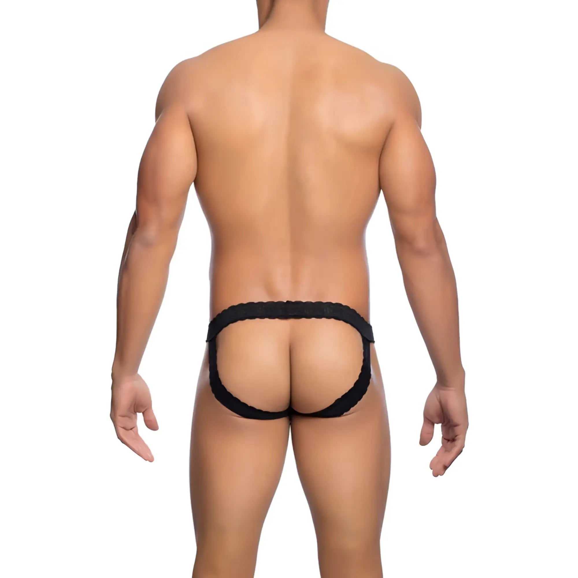 Black lace-trimmed men’s briefs with contoured form-fitting design in mob men’s lace jockstrap style
