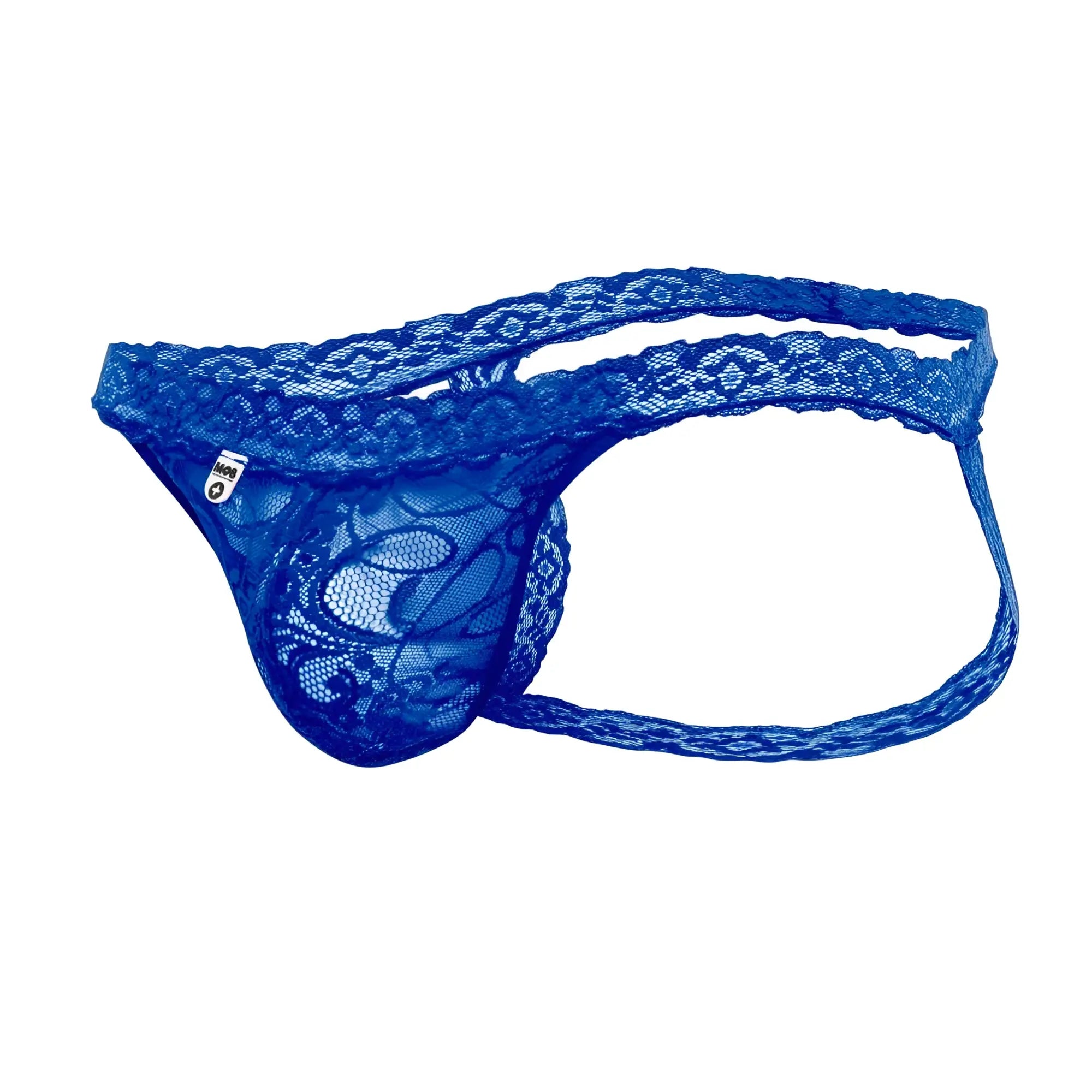 Mob men’s lace jockstrap in blue lace thong style with intricate floral patterns and delicate sheer design