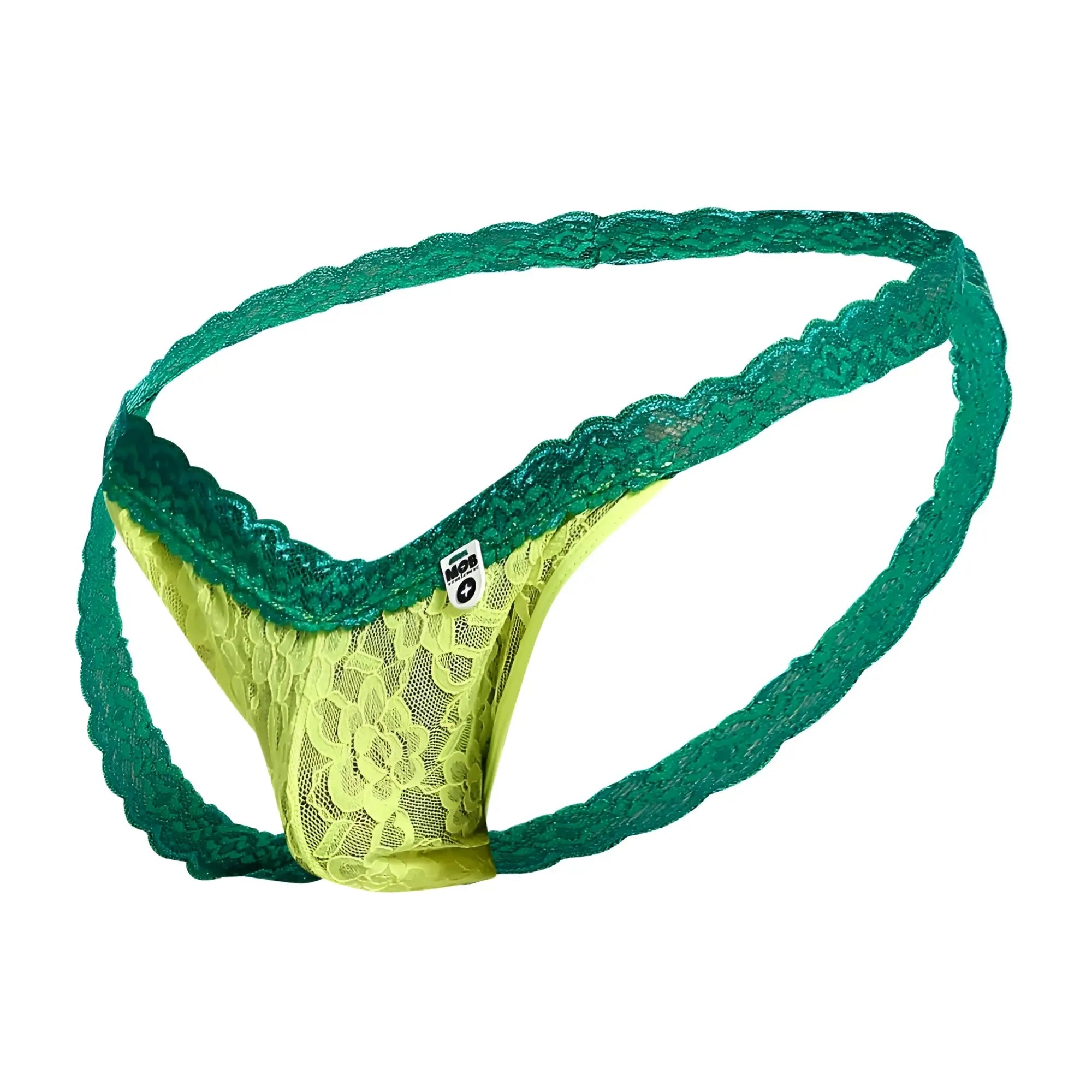 Mob men’s lace jockstrap in emerald green and lime yellow lace thong with scalloped edges shown from the back