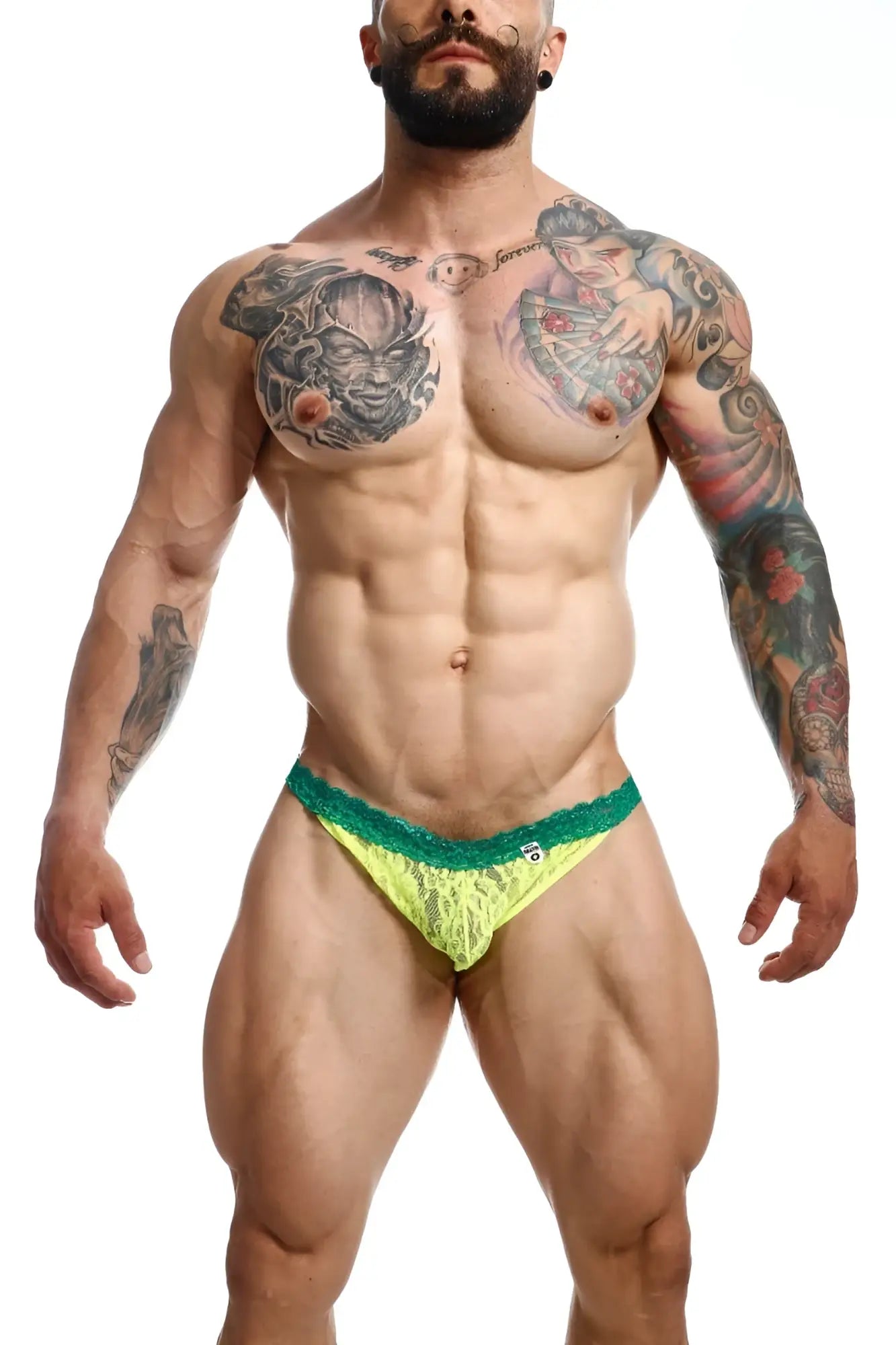 Neon green lace briefs with teal trim from mob men’s lace jockstrap showcasing delicate lace material and bold colors