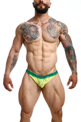 Neon green lace briefs with teal trim men’s lace jockstrap by mob featuring breathable lace material