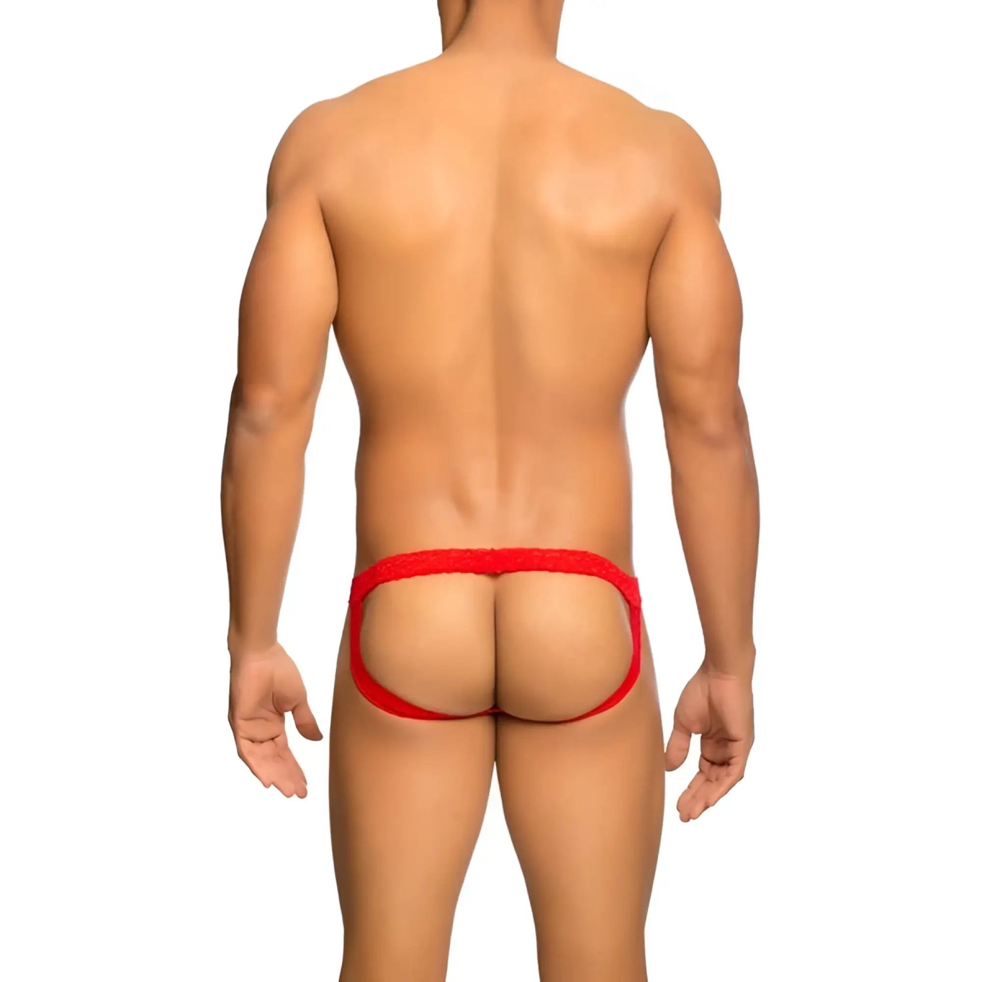 Red mob men’s lace jockstrap briefs with form-fitting open-back design and snug elastic waistband shown from the back