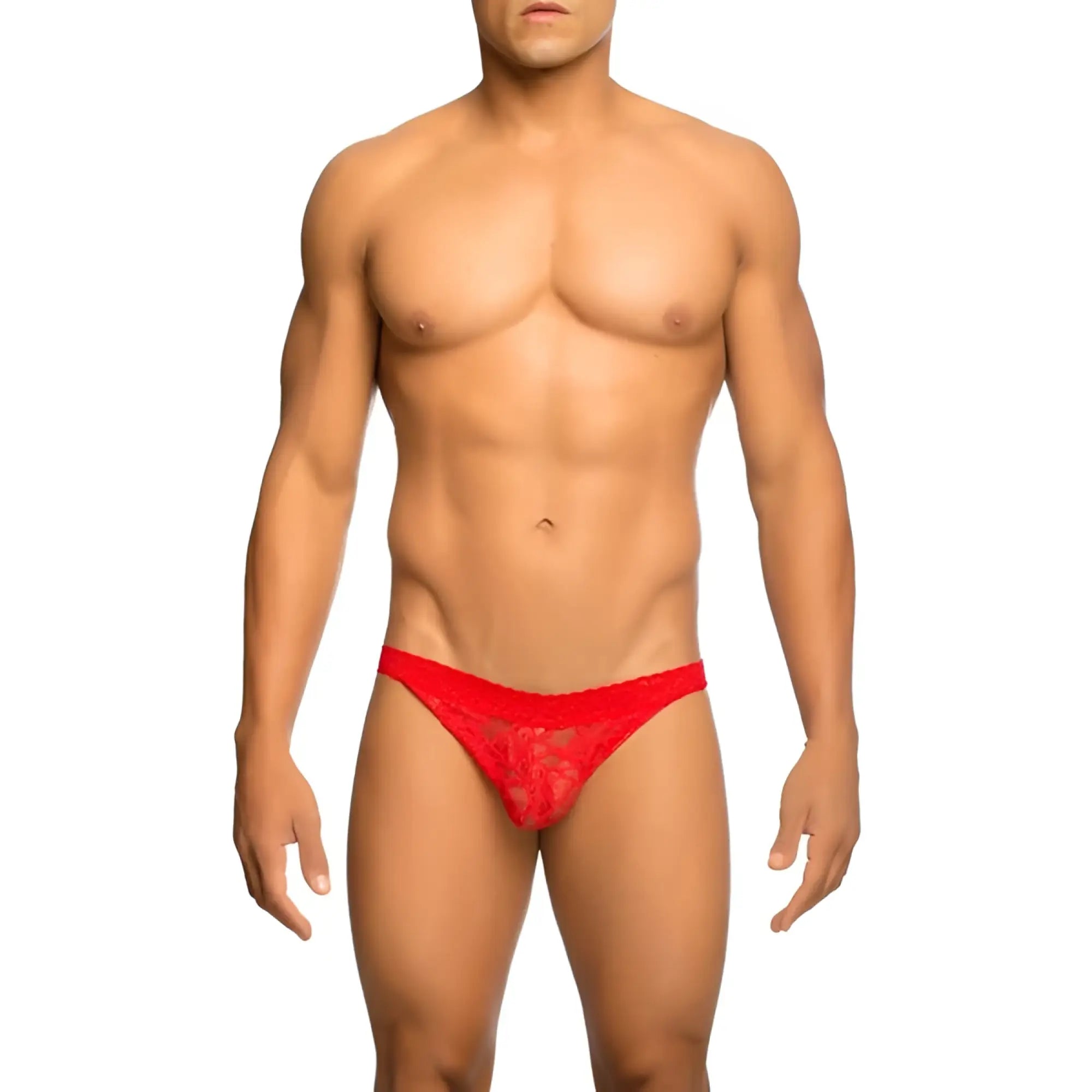 Red lace thong with delicate intricate pattern featured in mob men’s lace jockstrap front view