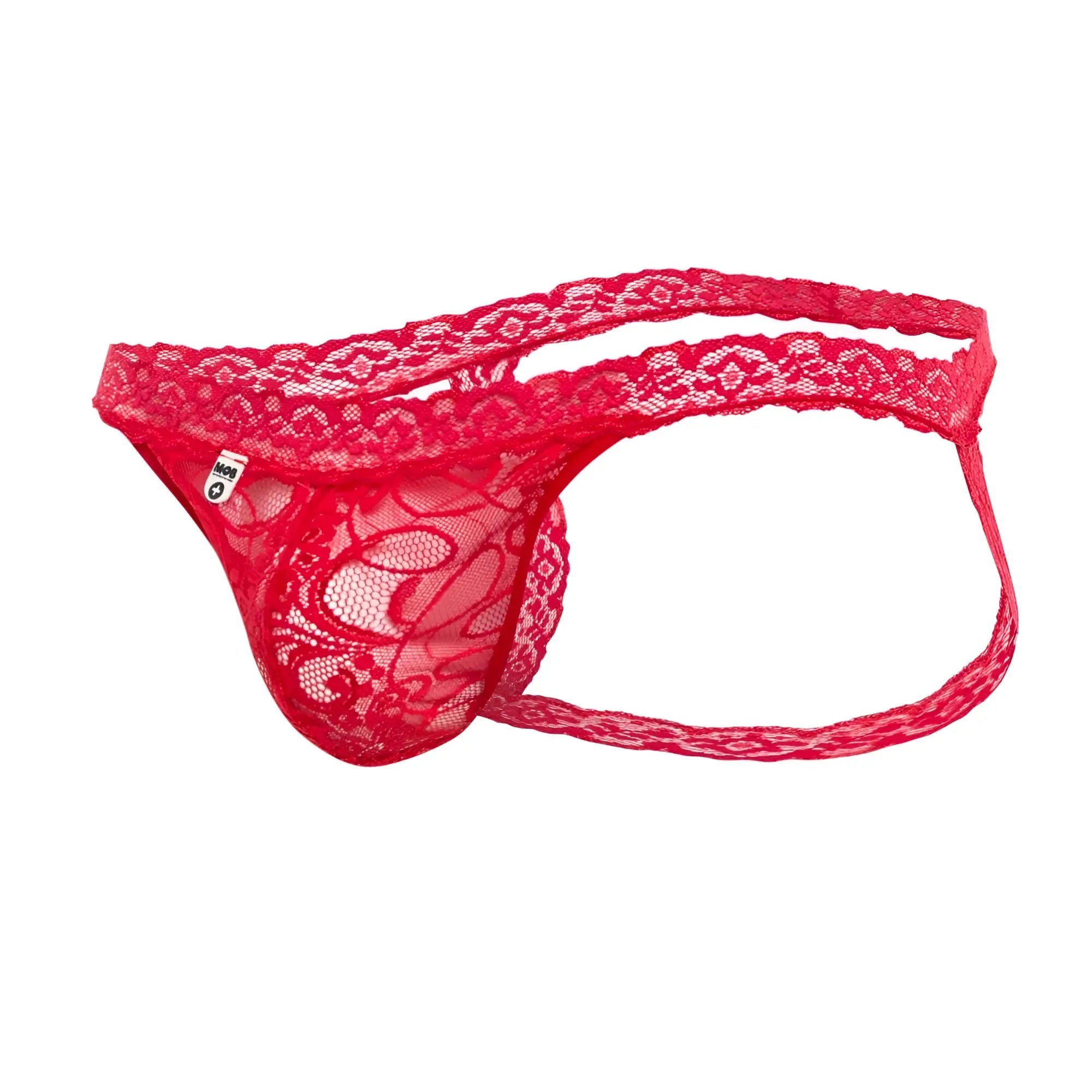 MOB men’s lace jockstrap in red with intricate floral patterns and sheer mesh design
