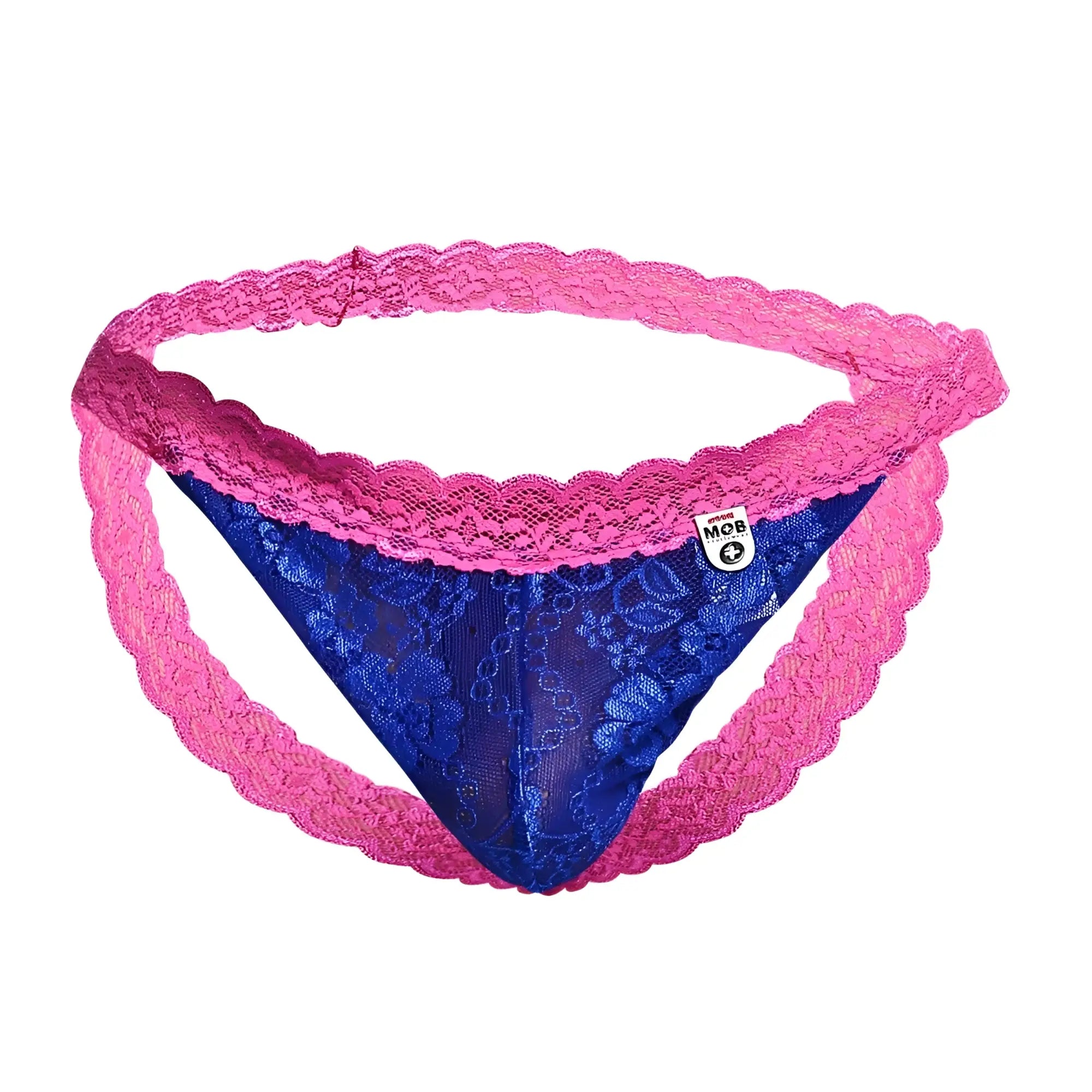 MOB men’s lace jockstrap in vibrant pink and royal blue with scalloped edges and a sheer mesh panel in front