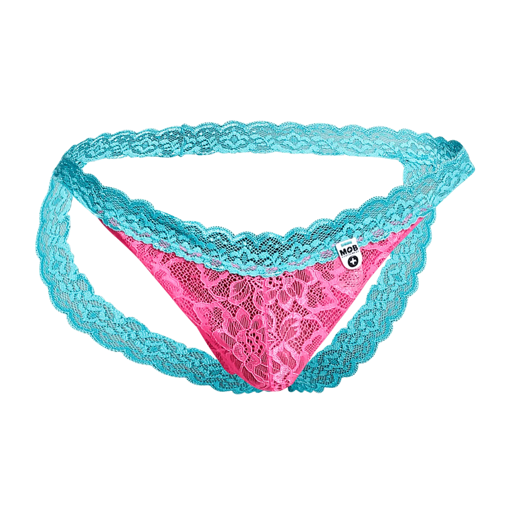 MOB men’s lace jockstrap in vibrant pink and turquoise with intricate floral mesh patterns and a branded tag