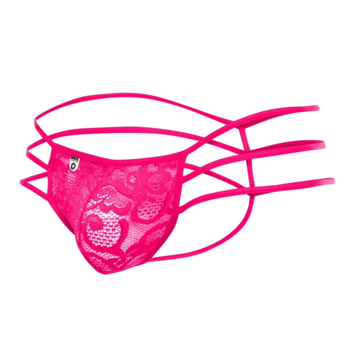 Mob men’s lace pouch thong in bright pink with crisscross straps and skull motif made of lace fabric