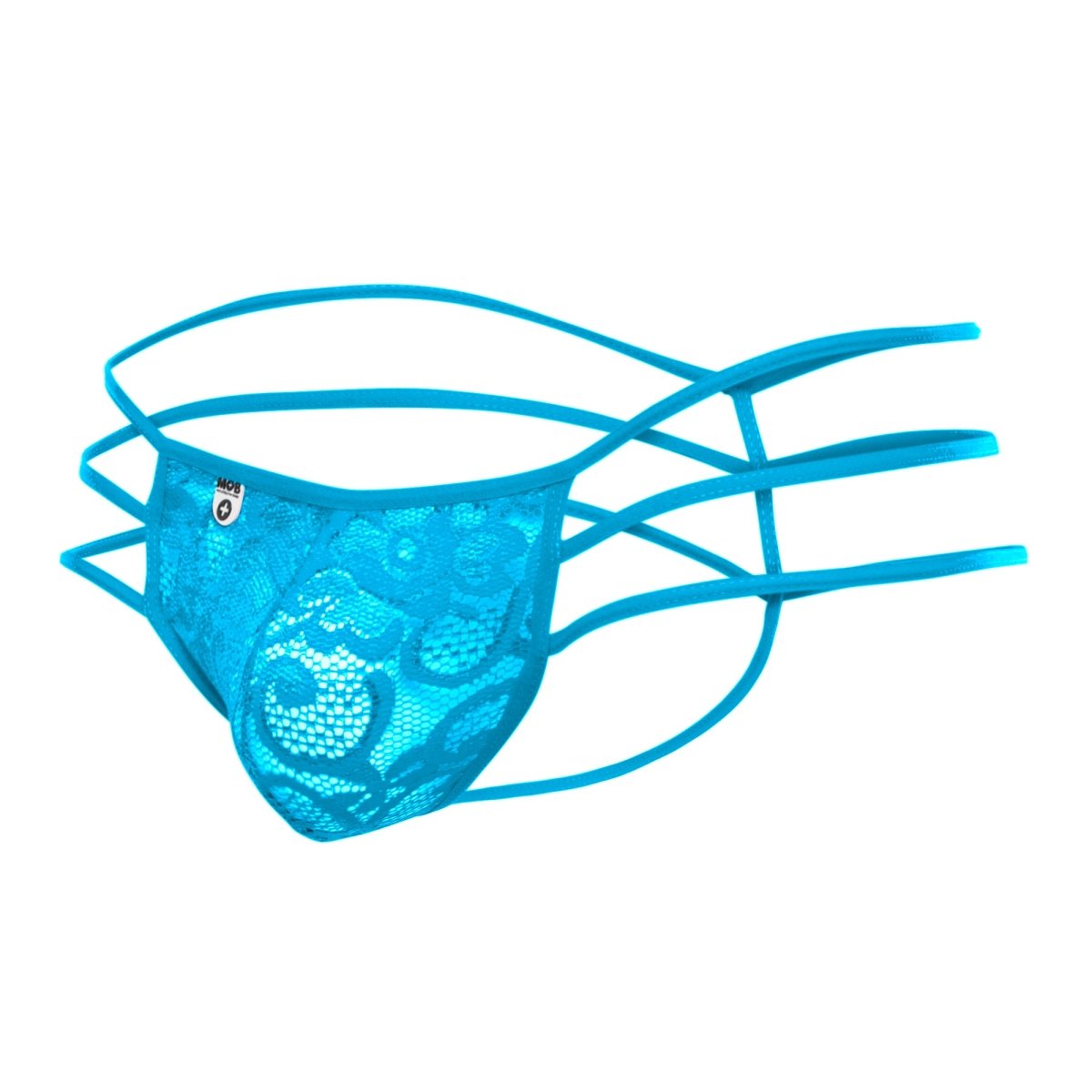 Mob men’s lace pouch thong in bright blue lace with crisscrossing elastic straps front view
