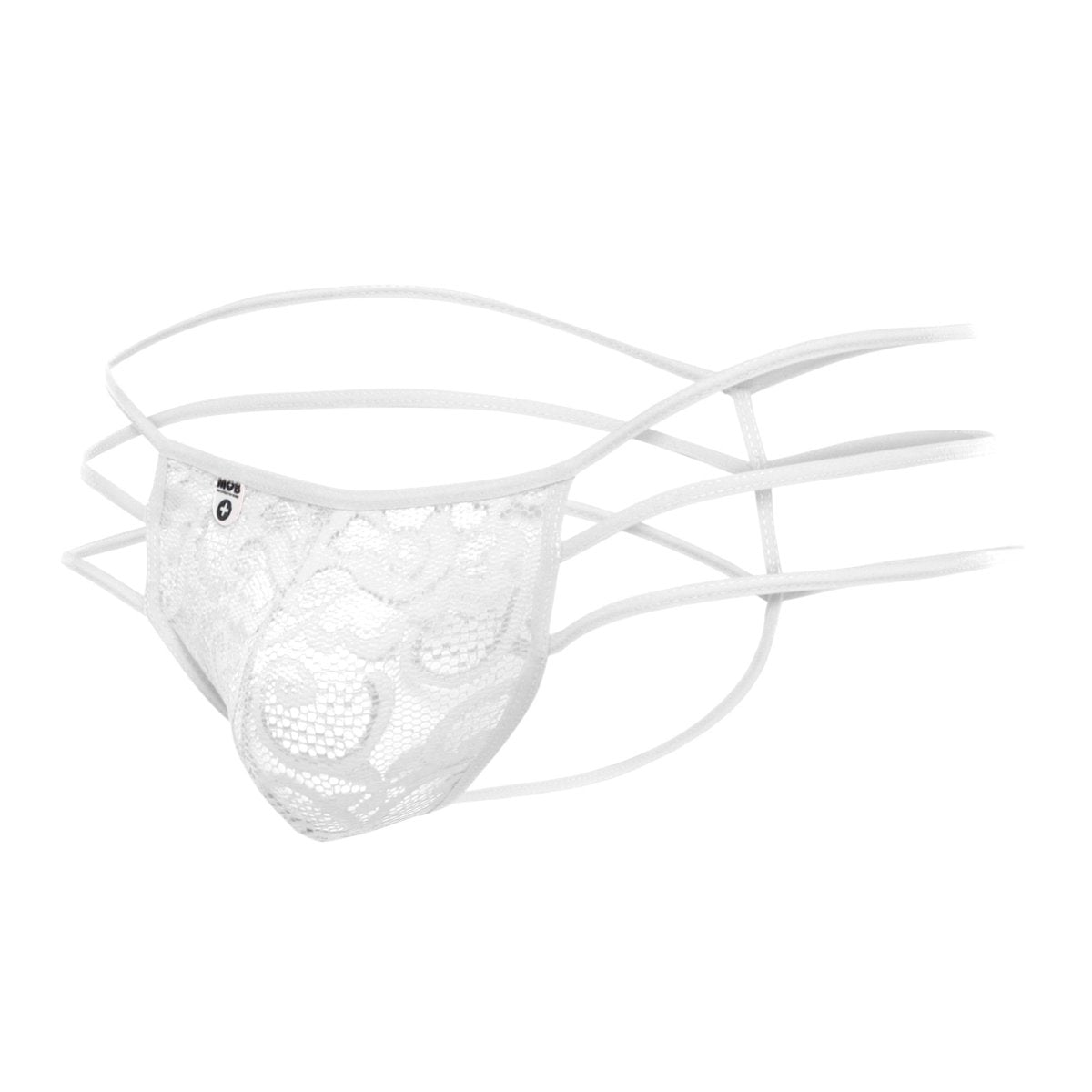 White lace thong with multiple thin straps and delicate floral pattern from mob men’s lace pouch thong collection