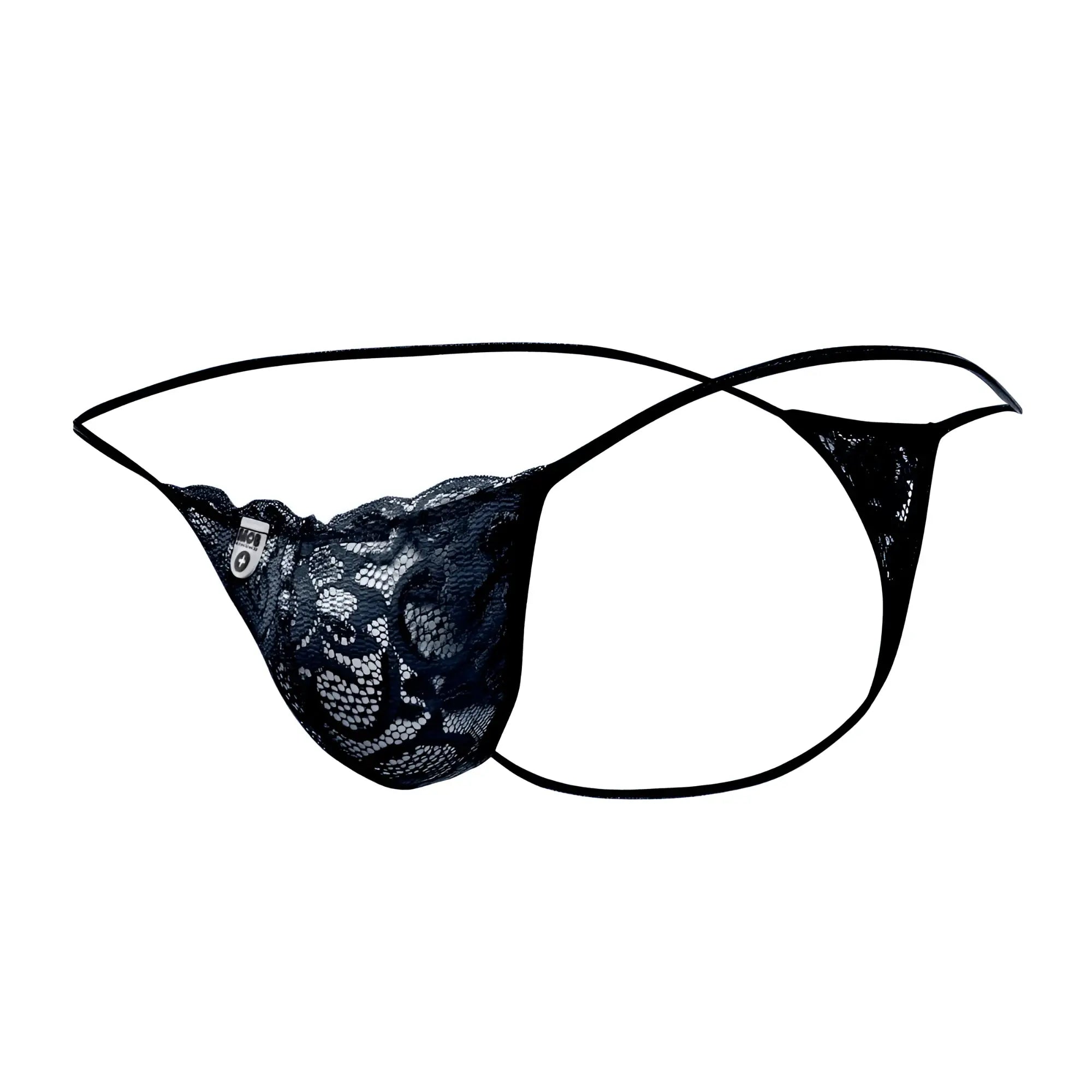 Black lacy MOB men’s thong with delicate floral patterns and thin adjustable straps shown from the back side